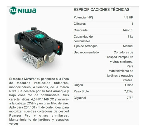 Motor Niwa Cortacesped 4,5 Hp Eje Vertical Hay Repuestos 4t