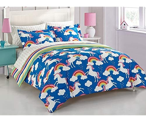 Juego De Cama En Bolsa Casa Kids Rainbow Y Unicornio, Gemelo