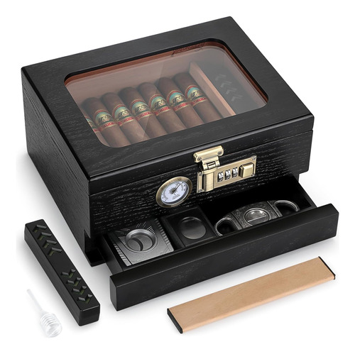 Humidor De Escritorio Con Higrometro Frontal P/ 35 Cigarros