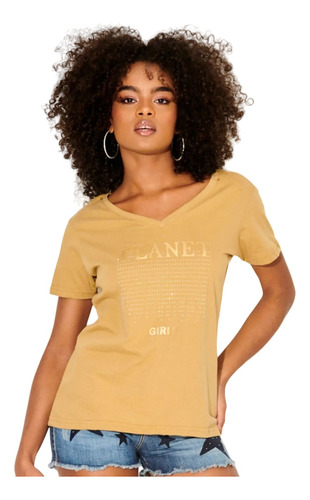 Blusa Feminina Bege Gola V Planet Girls Com Brilho Strass  