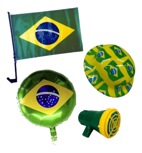 Kit Brasil - Bandeira, Chapéu, Balão E Corneta - 4 Itens