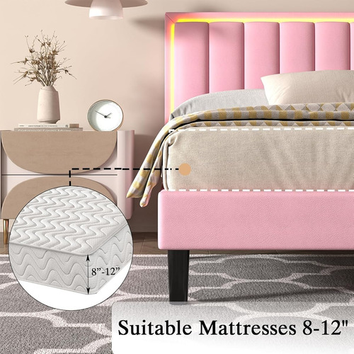 Base De Cama Individual Color Rosa C/cabecera Con Luz Led