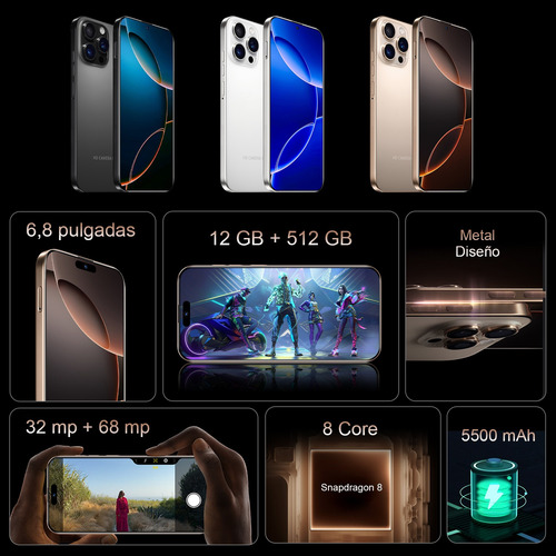 I16 Pro Max Desbloquea Dual Sim 12gb+512gb 2025 El Más Popular Teléfono Inteligente Android 14 Batería De Larga Duración 5g Wifi Más Barato Celular Dorado