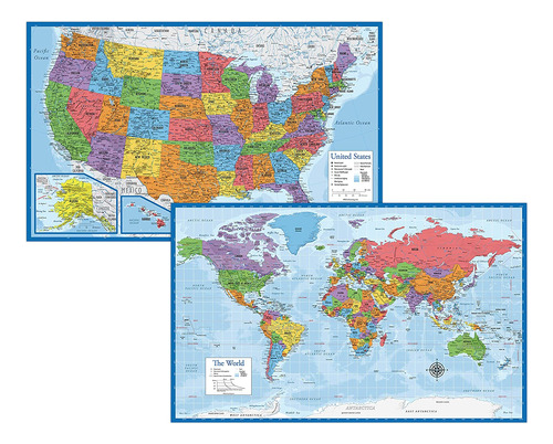 Mapa Del Mundo Laminado Y Póster Con Mapa De Estados Unidos