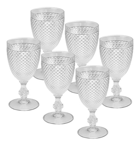 6 Taça De Vinho Diamond 390 Ml Diamante Crystal Poliestireno Cor Transparente