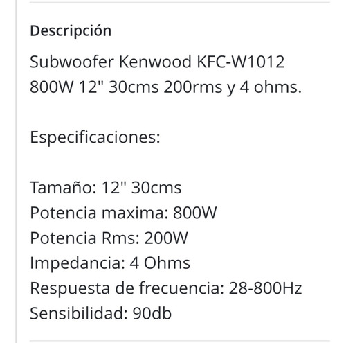 Imagen 3 de 8 de Kenwood Subwoofer W1012 - 800watts