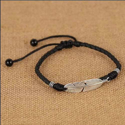 Pulsera Tobillera Pluma Suerte Para Hombre O Mujer Tejida Color Negro Diámetro 20 Cm Largo 10 Cm