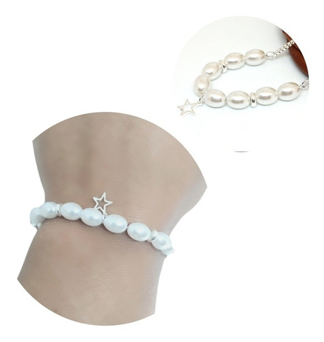 Pulsera Acero Blanco Con Perlitas Y Dije Diseño Estrella 