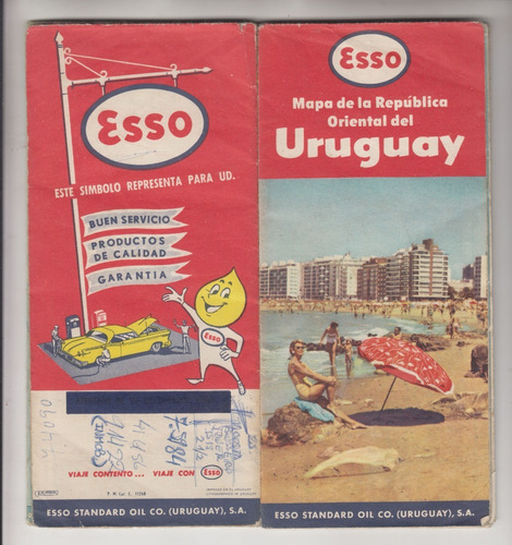 1961 Mapa Esso Desplegable De Uruguay Vintage Colores Raro