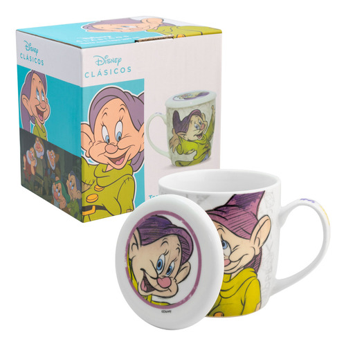 Taza De Porcelana Con Tapa Diseño Personajes Animados 385ml Color Blanco Tontín