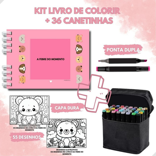 Livro De Colorir 55 Desenhos + 36 Canetinhas Pontas Dupla