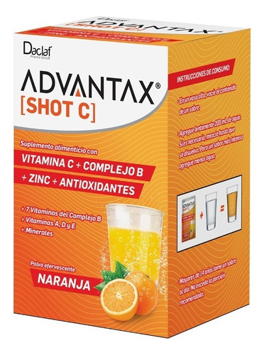 Shot C Vitaminas A D E Complejo B + Antioxidantes 10 Sobres Sabor Naranja