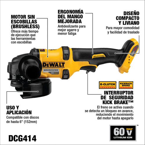 Esmeril Angular 4-1/2 60v Sin Batería Dewalt Dcg414b-b3