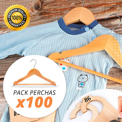 Imagen 2 de 10 de Pack 100 Perchas De Madera Bebes Barnizada Lustrada Infantil