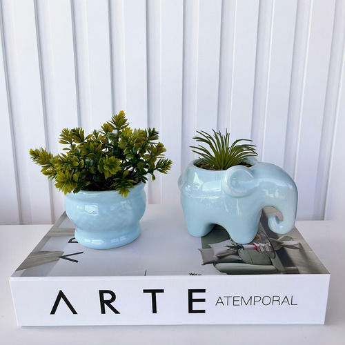Decoración de libro de 3 piezas, jarrón azul y escultura de elefante
