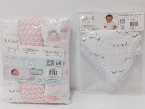 Kit 3 Cueiro Gigante Soft Fralda + 2 Babador Bandana Papi 27 Cor Rosa/Branco