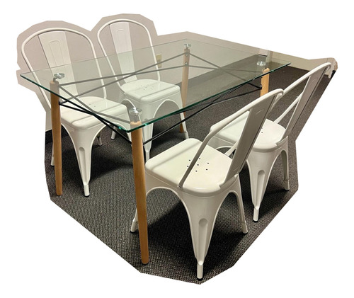 Juego De Comedor Mesa Vidrio Y 4 Sillas Metalicas Tolix