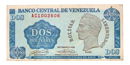 Billete De 2 Bolívares 5 De Octubre 1989 Serial Ac1002606