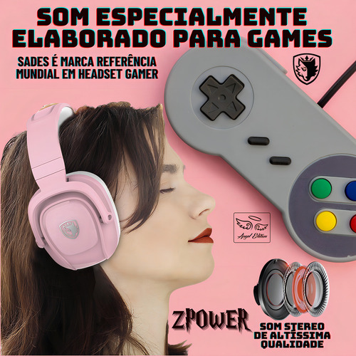 Headset Gamer Sades P/ Xbox Ps5 Cel Nintendo Pc Zpower Rosa