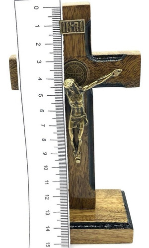 Crucifixo Mesa Cruz Sagrada Medalha São Bento 13cm Stlr 04