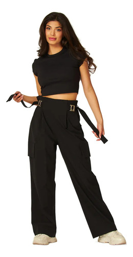 Pantalon Cargo Dama Cintura Alta Con Hebillas Casual Moda