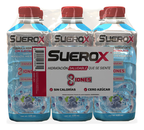 Bebida Hidratante Suerox 8 Iones Mora Azul C/6 Pzas 630 Ml