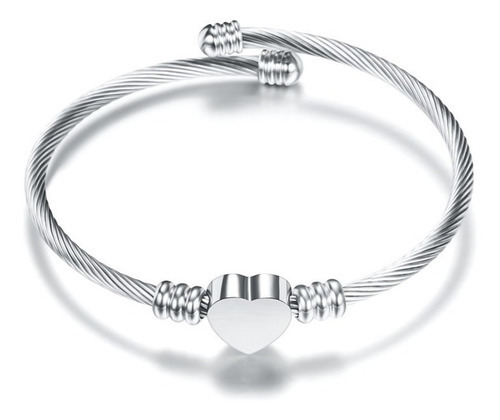 Pulseira Bracelete Coração Aço Inox Feminino Comprimento 18 cm Cor Prateado Diâmetro 9 cm