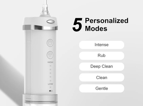 Irrigador Bucal Oral Compacto Belfia Hf-10 Con 5 Picos 200ml Recargable Portátil Ideal Para Traslados Viajes Quita Sarro Limpeiza Lengua Brackets Gingivitis Mal Aliento Color Blanco