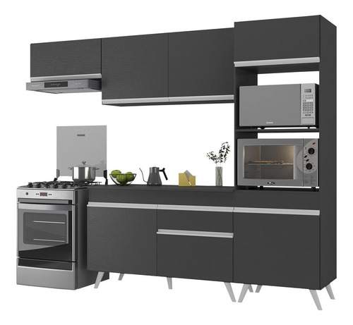 Armário De Cozinha Compacta 252cm Veneza Multimóveis V3690 Cor Preto/Branco