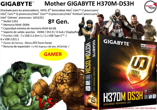 Imagen 1 de 9 de Mother Gigabyte H370m-ds3h 1151 Ddr4 64gb 8º Gen. Gamer