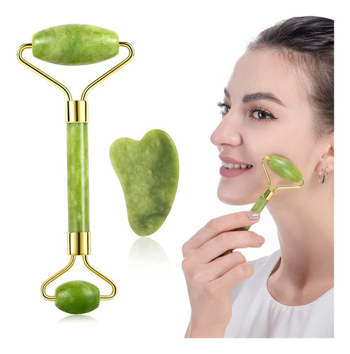 Kit 2 En 1 Rodillo Y Gua Sha Jade Masajeador Facial Corporal