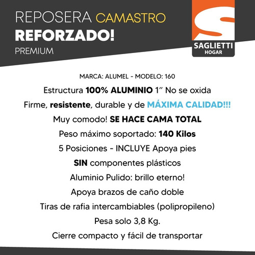 Imagen 3 de 10 de Reposera Cama Camastro Apoya Pies Aluminio 140 Kg Alumel 160
