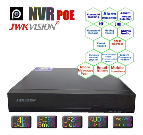 Nvr De Poe 8ch 5mp Camara Ip De Audio H.265 Onvif Jwkvision