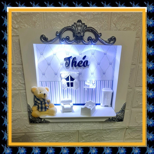 Decoração De Porta Maternidade Led + Nome - Menino / Menina Cor Branco Azul Marinho Com Prata
