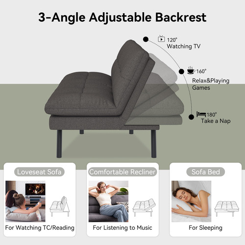 Sofá Cama Futón Convertible De Tela Lino Gris Ajustable