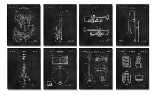 Jazz Instruments Patent Wall Art Prints Juego De 8 (8x10) Re