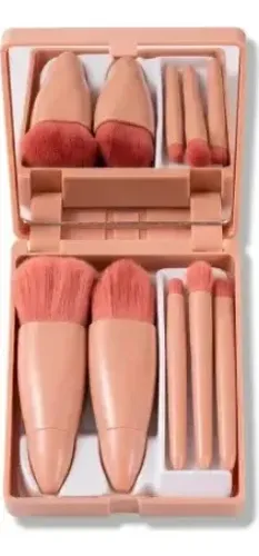 Kit Pincéis Maquiagem 5 Peças Com Espelho Portátil Bolsa Cor Bege