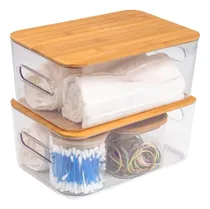 Comprar Set X2 Canastos Acrilico Con Tapa Bamboo Organizador Baño