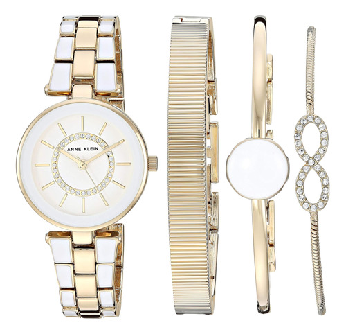 Juego De Pulsera Y Reloj Blanco Y Dorado Con Detalles De Cri