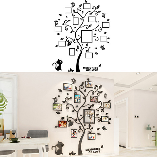 Gran Calcomanía De Árbol Familiar 3d Con Marcos De Fotos En Vinilo, Autoadhesiva, Con Frases Removibles, Hojas Y Gatitos, Decoración De Pared Para Sala, Cuarto Infantil O Guardería (lado Izquierdo)