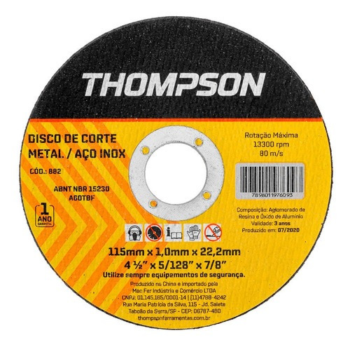 Disco Aco Inox Thompson - 4.1/2 X5/128 X7/8 - Fino 1,0mm