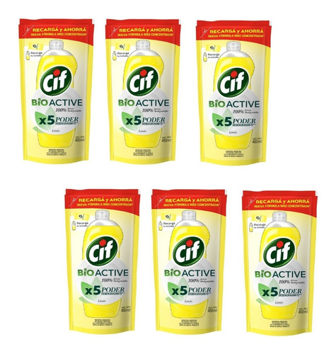 Pack Detergente Cif Bio Active Gel Limón Repuesto 450ml X6