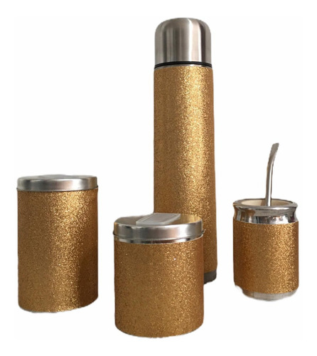 Set Sin Bolso Dorado Glitter Termo 1 L De Acero Excelente