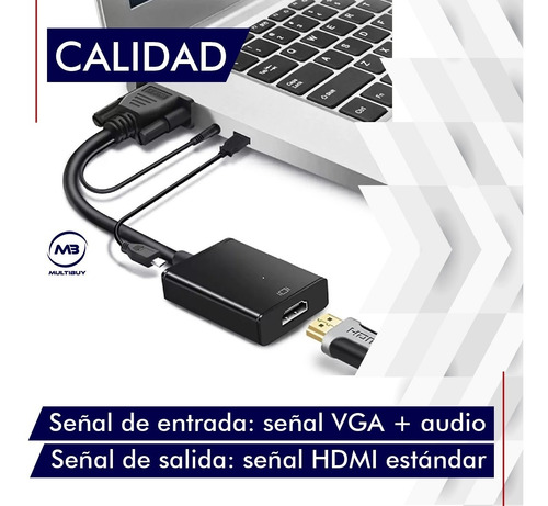 Imagen 4 de 9 de Cable Adaptador Conversor Vga A Hdmi Full Hd + Audio + Usb