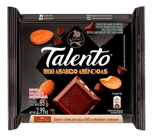 Chocolate Meio Amargo com Amêndoas Garoto Talento Pacote 85g