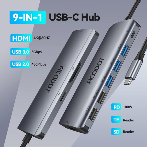 Hub Usb C, Acodot 9 En 1 Usb C A 4k @60hz Hdmi Multipuert...