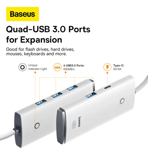 Hub 4 En 1 Baseus Usb-c A 4x Usb 3.0 + Usb-c 1 Metro Blanco