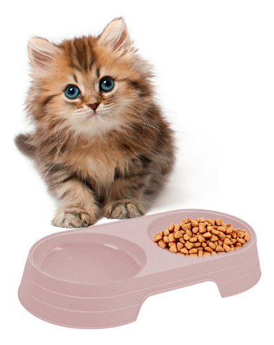Plato Doble Para Alimento De Raza Pequeña Mascota Perro Gato Color Rosa
