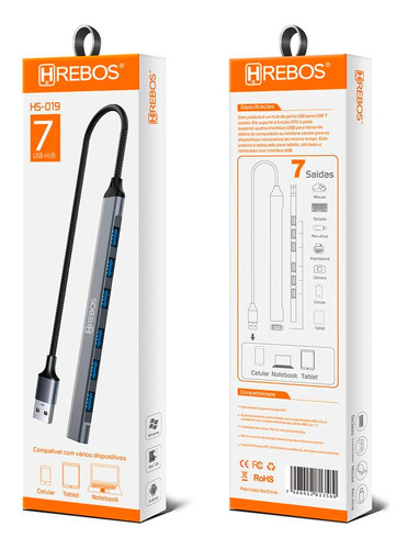Hub Hrebos 1 Entrada Usb E 7 Usb De Saida Prata