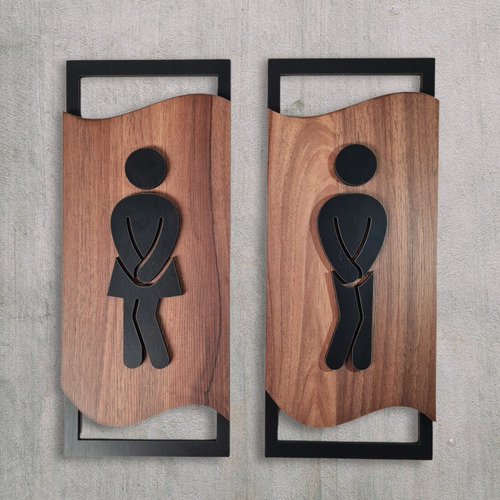 Imagen 3 de 9 de Cartel Baño Con Símbolo Hombre Mujer De Madera
